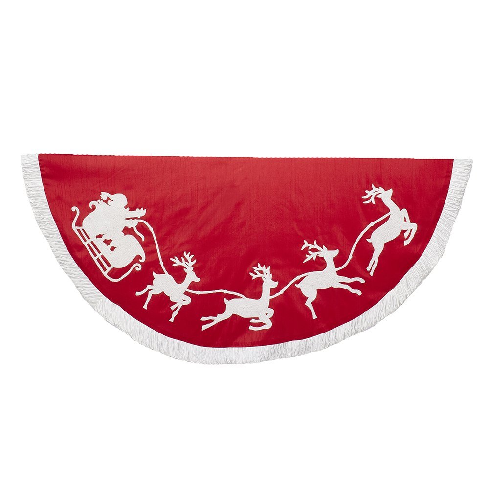 Kurt Adler - 50" Red and White Embroidered Santa and Reindeer Tree Skirt