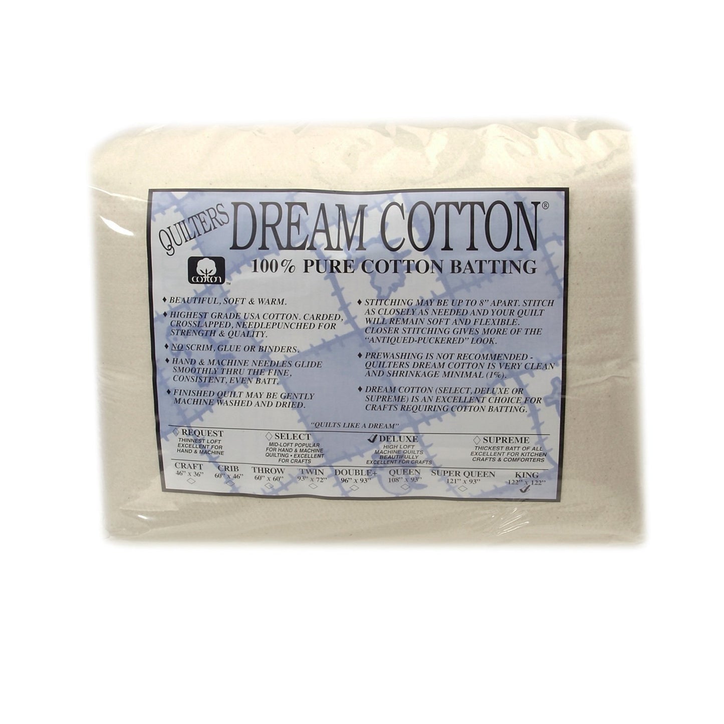 Quilter's Dream Natural Cotton Deluxe Batting (122in x 120in) King