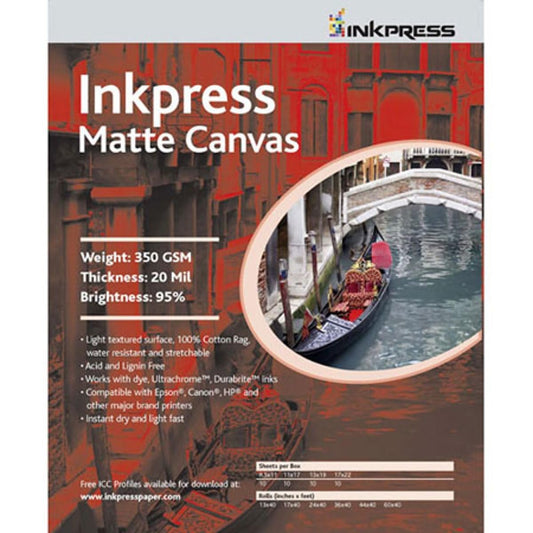 Inkpress Matte Canvas, Waterproof, Stretchable, Bright White Matte Inkjet Cloth, 20 mil, 350 gsm, 8.5x11", 50 Sheets