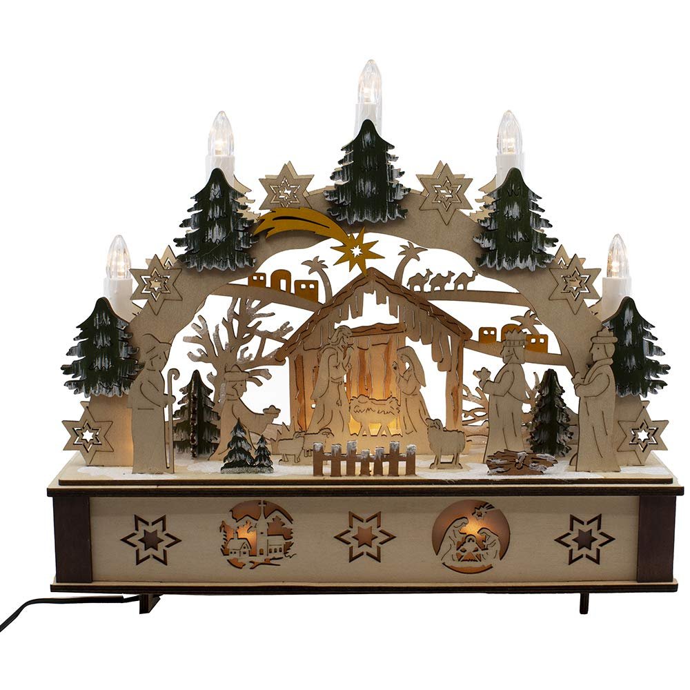 Kurt S. Adler 11-Inch Battery-Operated Light-Up Wooden Nativity Scene with Candles