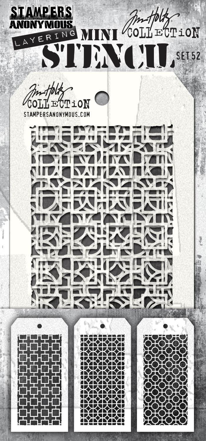 Tim Holtz Stampers Anonymous Mini Layering Stencil Set #52 June 2022 Release, Plus Cable Binder Ring, Bundle of 2 Items