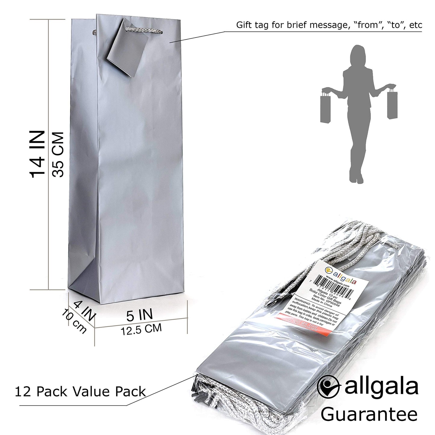 allgala 12PK Value Premium Solid Color Paper Gift Bags
