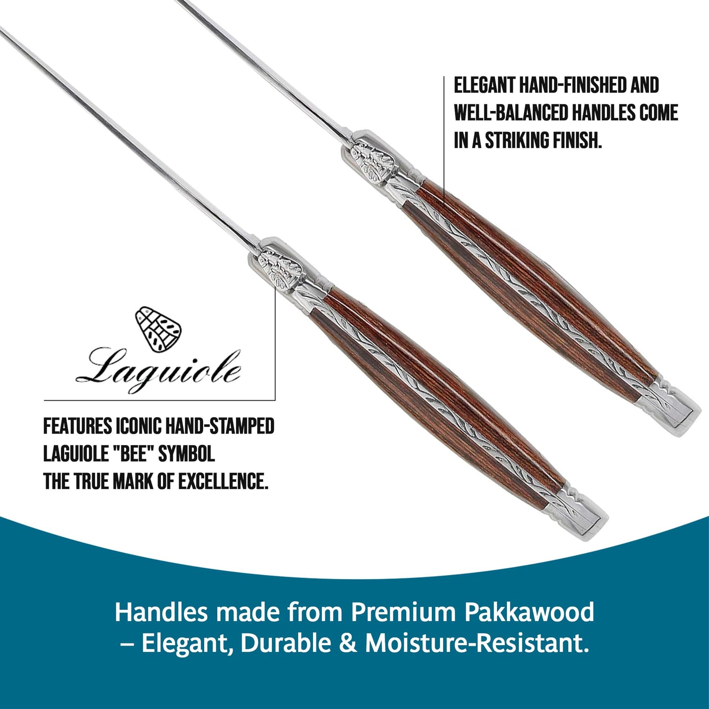 Trudeau Laguiole Steak Knives Set of 6 – Premium Stainless Steel Serrated Blades with Pakkawood Handles – Dishwasher Safe Steak Knife Set for Dinner, BBQ, or Gifting – Rustic Elegant Design
