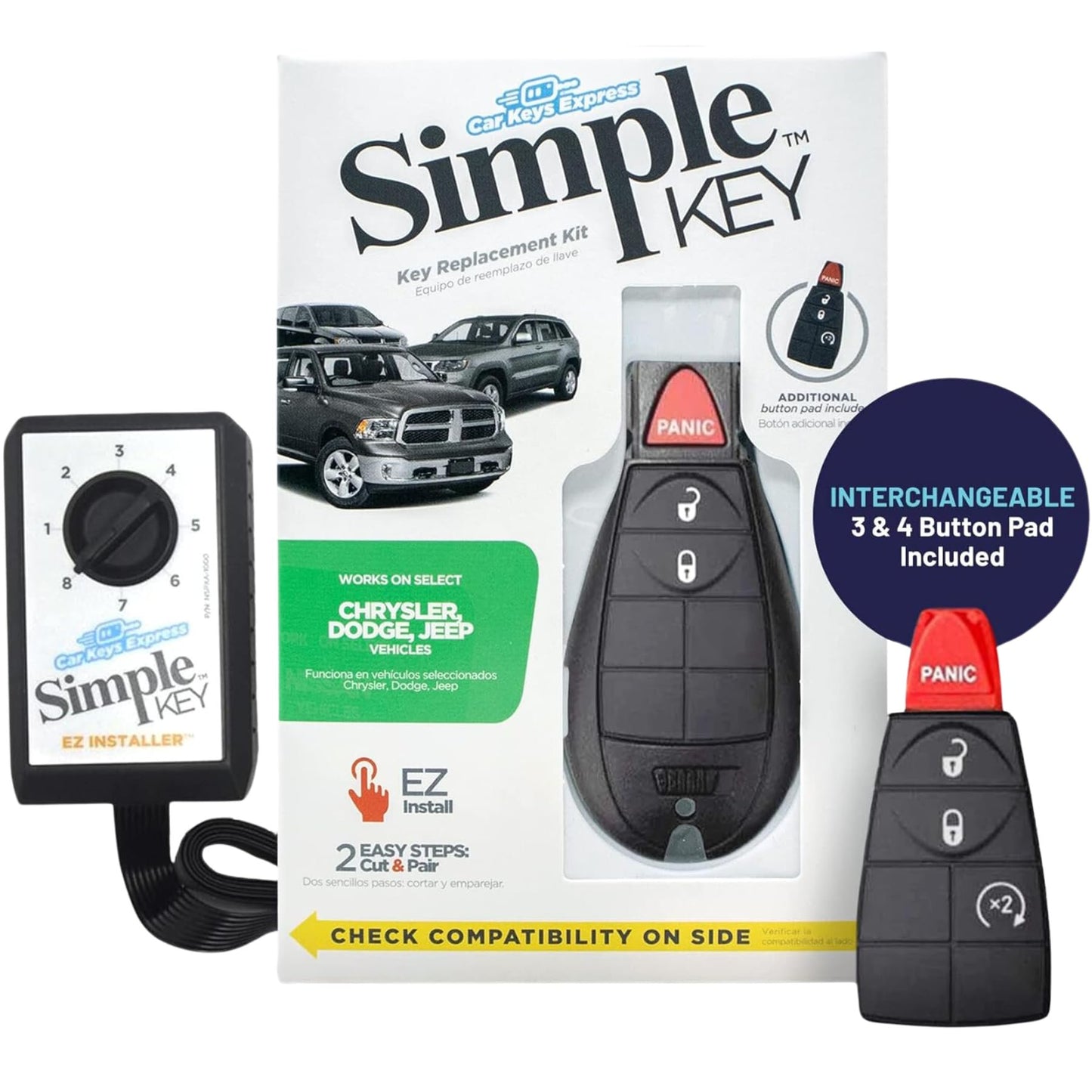 Simple Key, Key Fob and Key Programmer with Interchangeable 3 & 4 Button Keypads Compatible for Select Chrysler, Dodge, Jeep, Ram, Volkswagen Vehicles, Simple Key Replacement Kit