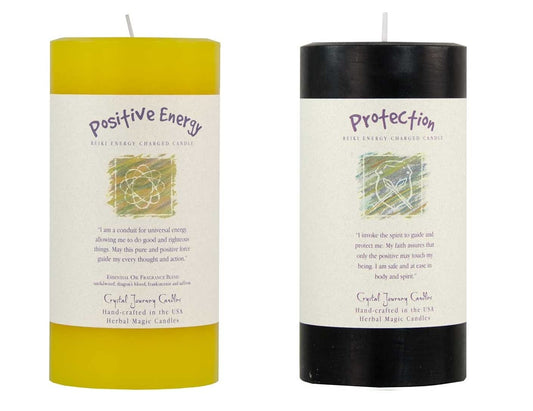 (6 x 3) inch Crystal Journey Reiki Charged Herbal Magic Pillar Candle Bundle (Positive Energy, Protection) Handcrafted with Lead-Free Materials, Yellow