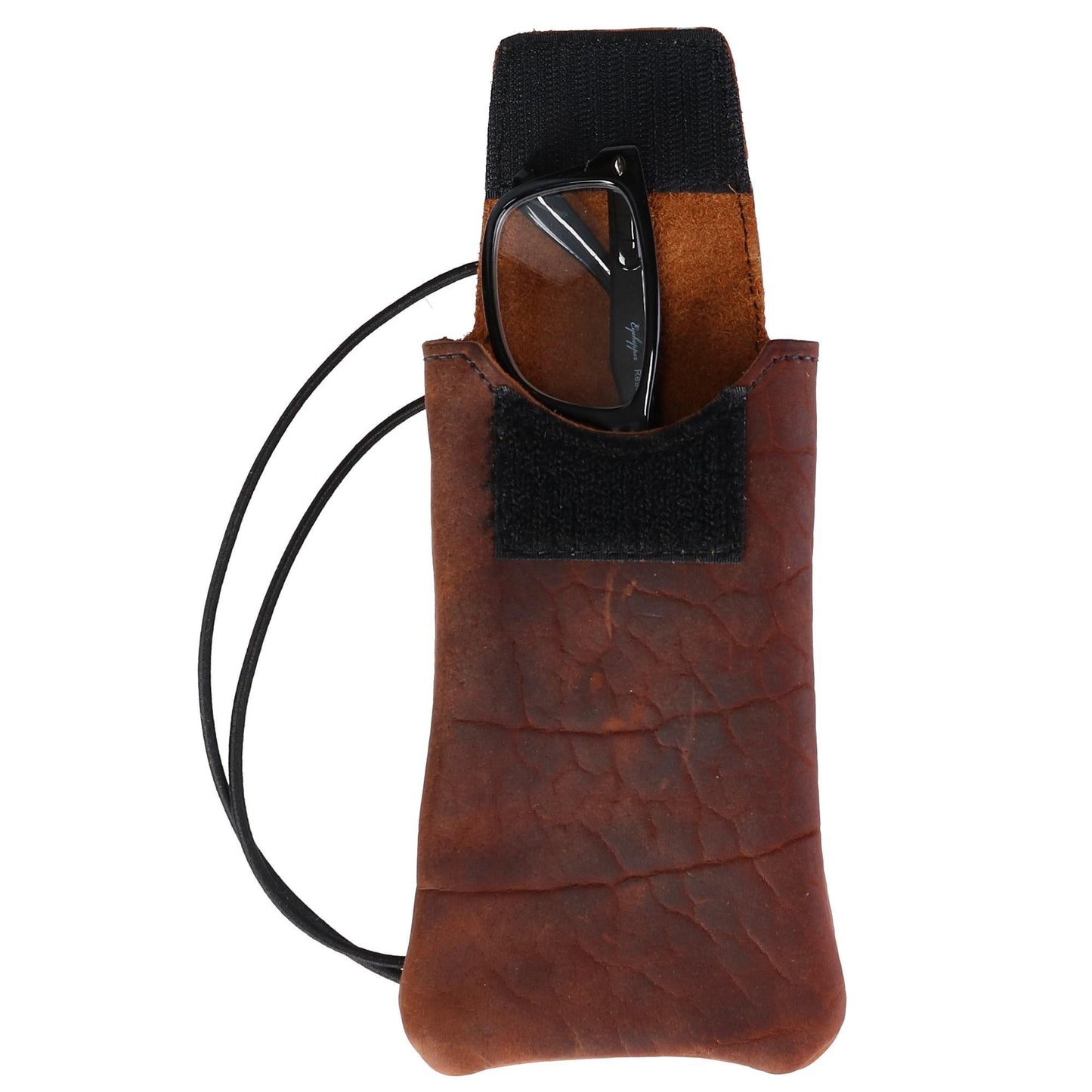 Boston Leather Textured Bison Leather Eyeglass Case with Neck String, Dark Pecan