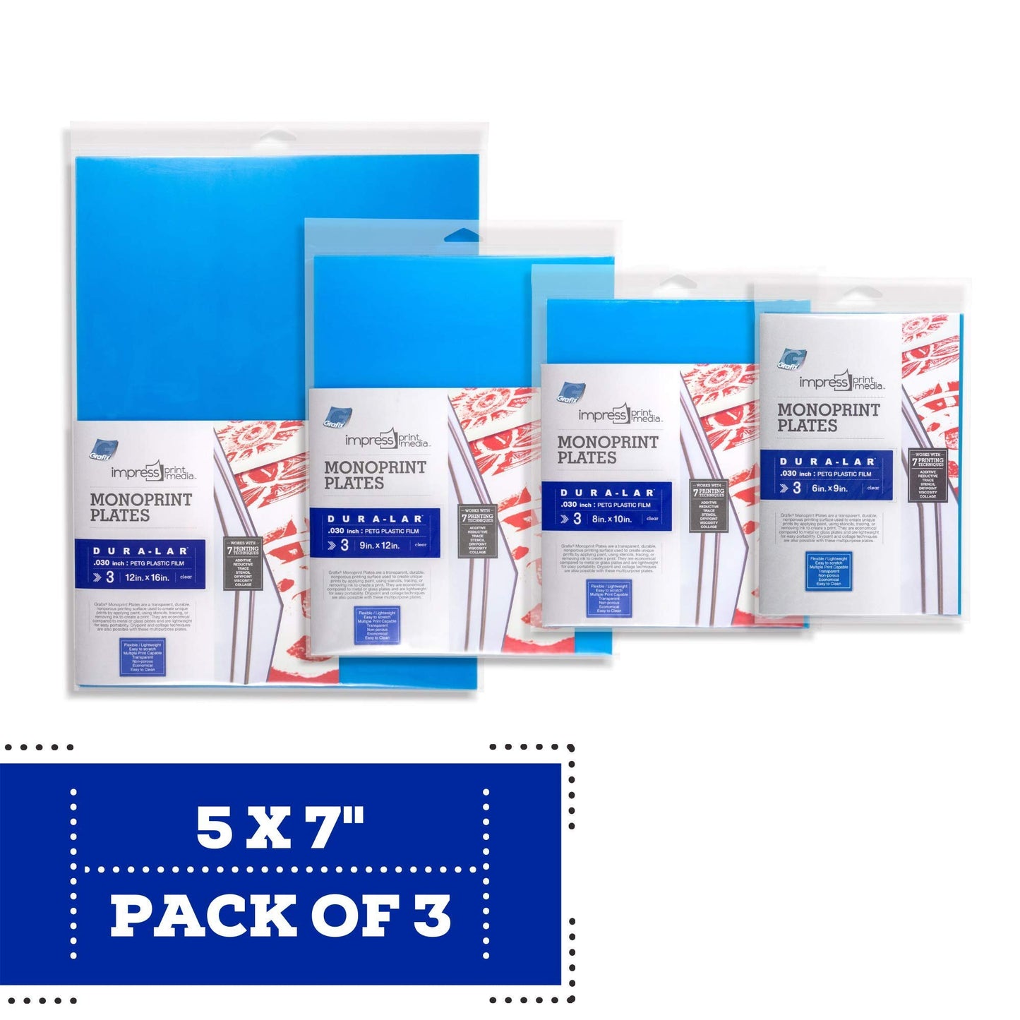 Grafix Impress Print Media Monoprint Plate – 5 x 7”, Pack of 3 – Transparent, Lightweight, Non-Porous .030” Dura-Lar Monoprinting Surface, Economical Alternative to Metal or Glass Plates