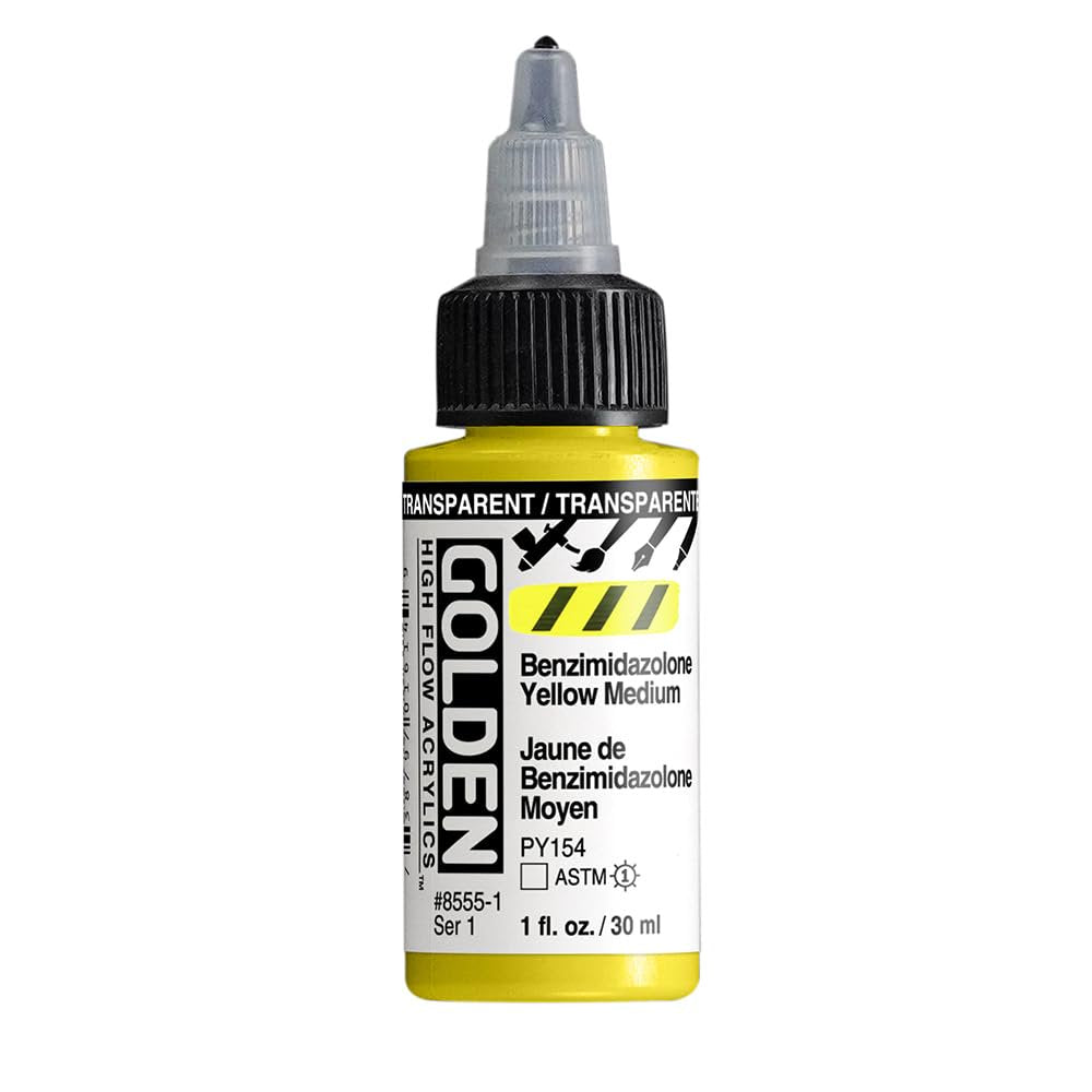 GOLDEN High Flow Acrylics, Transparent Benzimidazolone Yellow Medium, 1 fl. oz. Bottle, Professional Acrylic Paint, Transparent