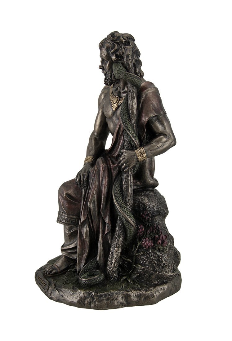 Veronese Design Asclepius Greek God of Medicine Holding Serpent Entwined Staff Bronzed Statue