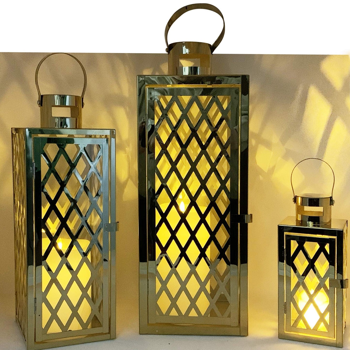 Allgala Lantern Set 3-PC Jumbo Deluxe Modern Indoor/Outdoor Candle Lantern Set with Chrome Plated Structure and Tempered Glass for Garden Poolside Fireplace Wedding