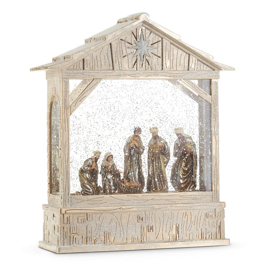 RAZ Imports Nativity Musical Lighted Water Creche, 10-inch Height, Christmas Decor, Holiday Season, Table and Shelve Accent