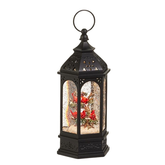 Raz Imports Cardinal Lighted Water Lantern – 9” Black Vintage Lantern with Swirling Glitter, LED Warm Light, Christmas Décor, Battery Operated Holiday Accent