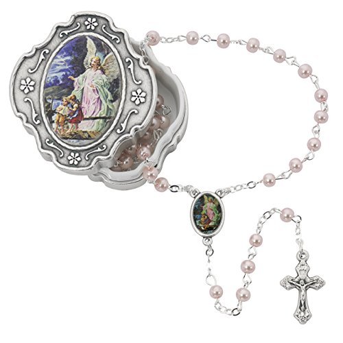 760-91 GUARDIAN ANGEL BOX WITH PINK ROSARY, PERFECT FOR BAPTISM OR CHRISTENING