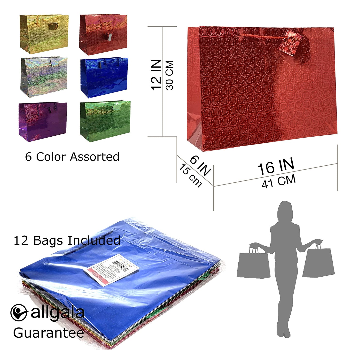 allgala 12-PK Hologram Gift Bags, Various Size