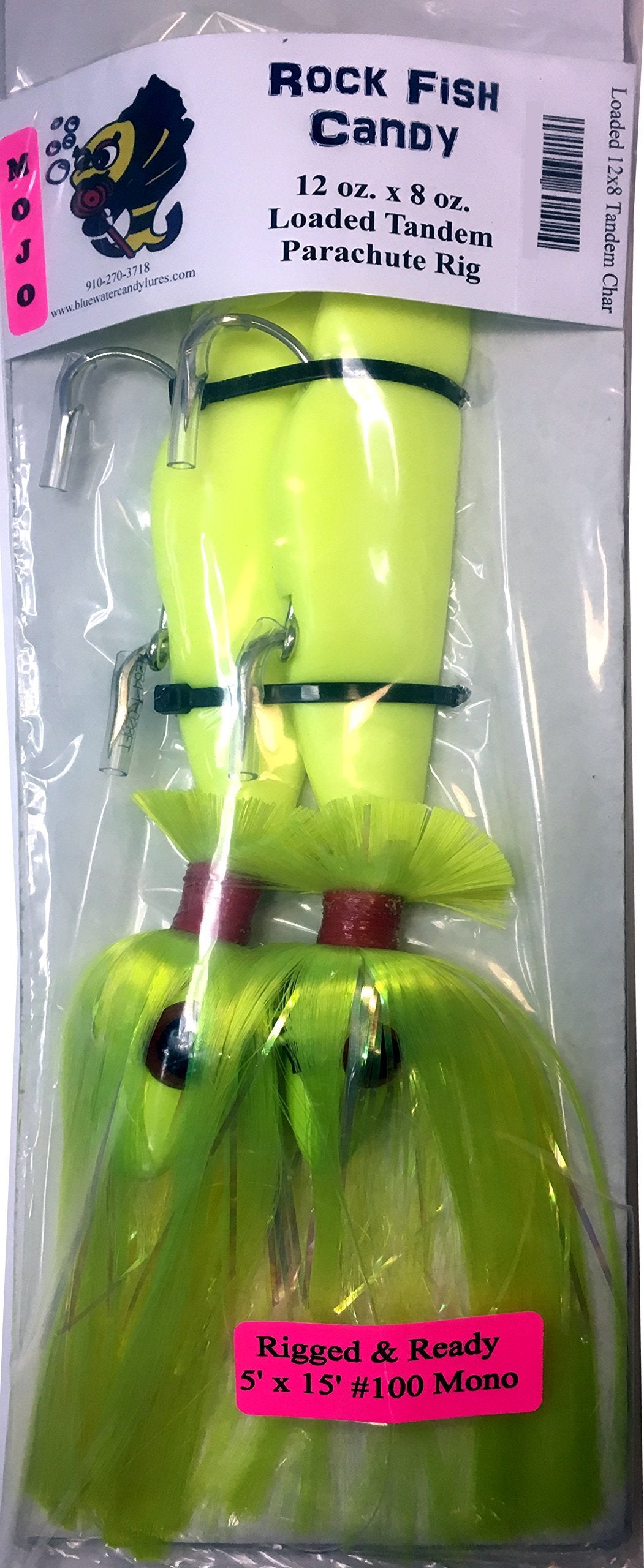 Blue Water Candy - Rock Fish Candy 12 oz & 8 oz Mojo Lure Loaded with 9-Inch Swimbait Shad Bodies Tandem Parachute Rigged & Ready