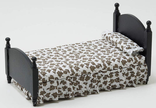 Classics by Handley Dollhouse Miniature Single Bed, Black with Brown and White Floral Fabric