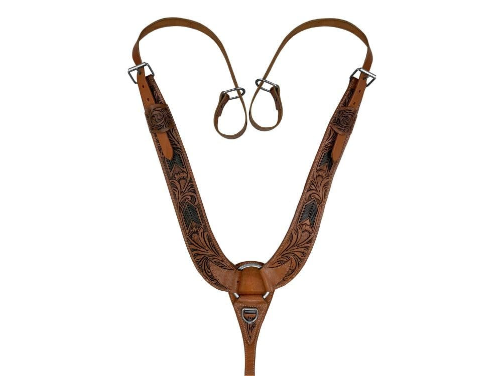 Showman Floral Tooled Leather Pulling Collar w/Black Rawhide Lacing