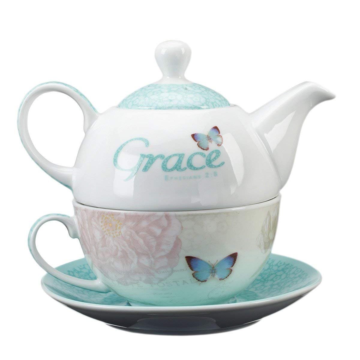 Christian Art Gifts Ceramic 14 oz. Teapot Set for Women: Botanic Butterfly Blessings - Grace Ephesians 2:8 Inspirational Bible Verse, Turquoise Tea For One Set w/8 oz. Cup & Saucer, White & Turquoise