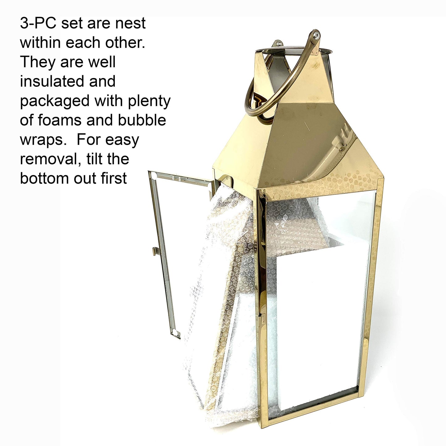 Allgala Lantern Set 3-PC Jumbo Deluxe Modern Indoor/Outdoor Candle Lantern Set with Chrome Plated Structure and Tempered Glass for Garden Poolside Fireplace Wedding