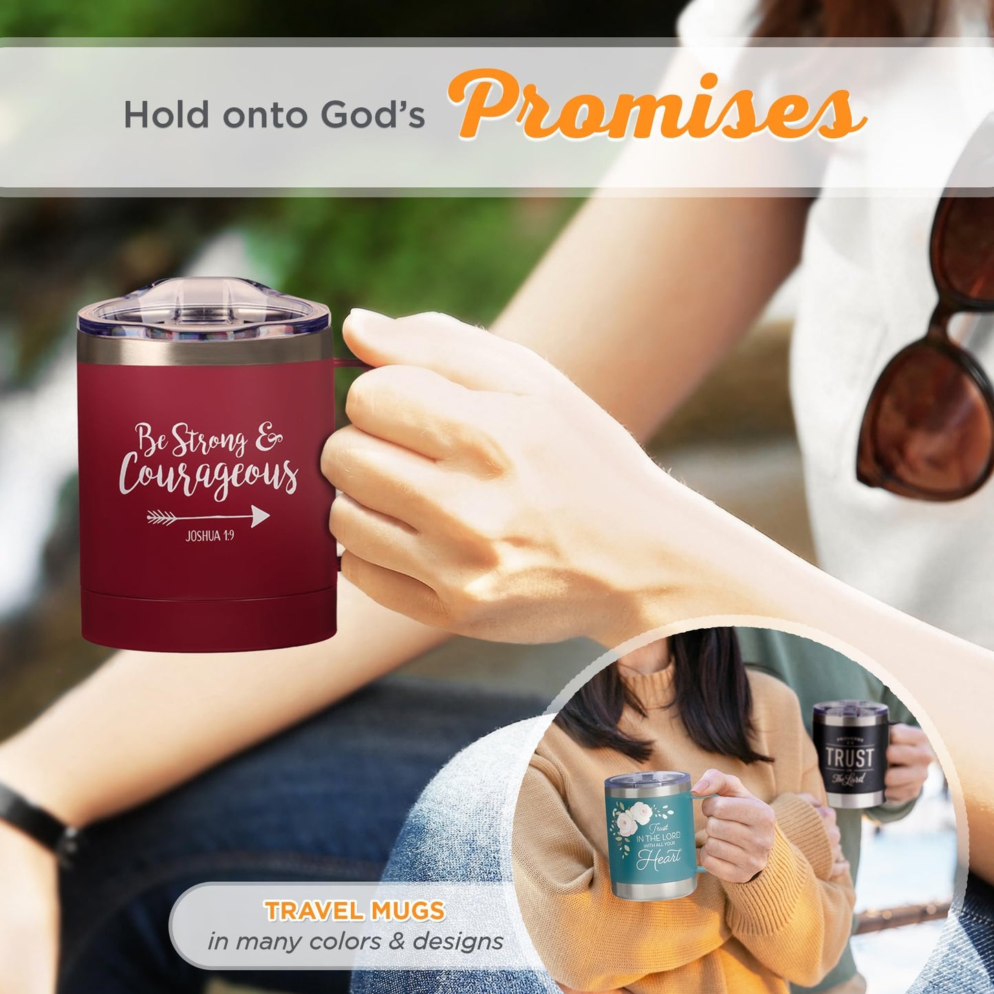 Christian Art Gifts Be Strong & Courageous Stainless Steel Magenta Mug w/Joshua 1:9 - Camp Style Travel Mug for Women and Men (11oz Double Wall Vacuum Insulated Coffee Mug with Lid and Handle)