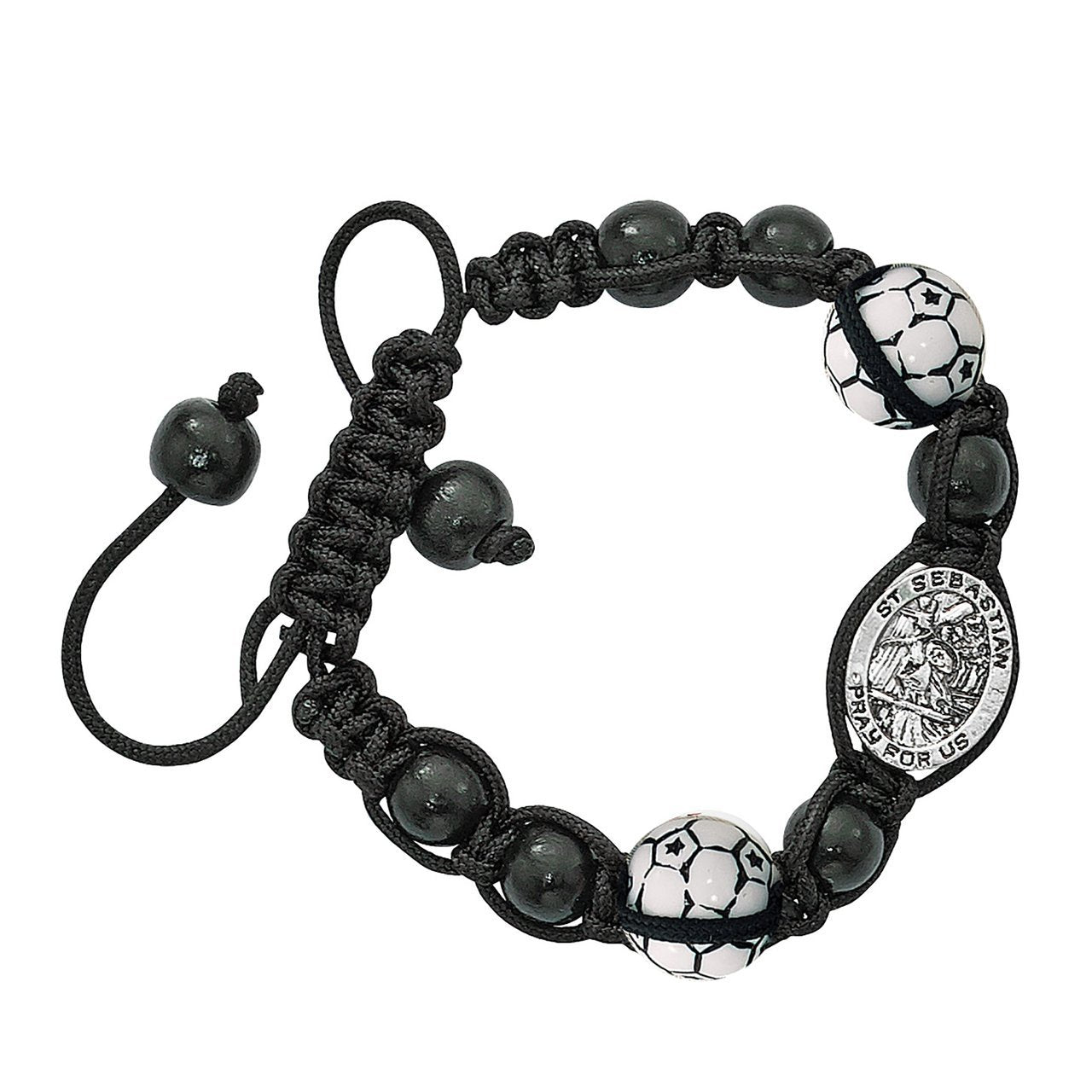 Religious Sports Soccer Bead Bracelet with Silver Toned Saint Sebastian Medal, 8 Inch