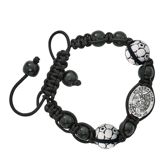 Religious Sports Soccer Bead Bracelet with Silver Toned Saint Sebastian Medal, 8 Inch