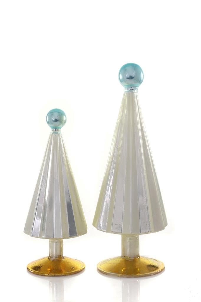 Cody Foster & Co 6"-8" Tall White Pleated Glass Christmas Tree with Blue Top Set of 2