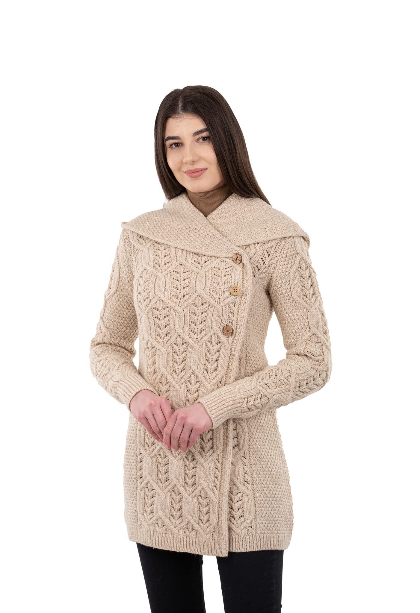 SAOL 100% Merino Wool Women Cardigan Butonned with Hood Aran Leaf Coat Made in Ireland