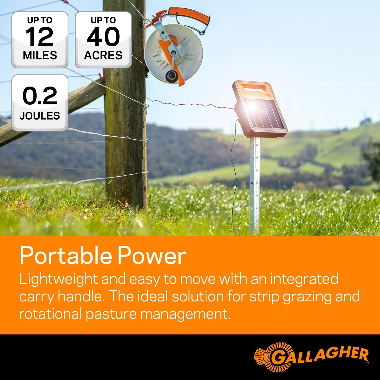 Gallagher S20 Solar Electric Fence Charger | Powers Up to 2 Miles of Typical Fence | Lithium Battery Technology | 0.2 Joule Solar Energizer for Poultry, Livestock, Gardens, and Pets