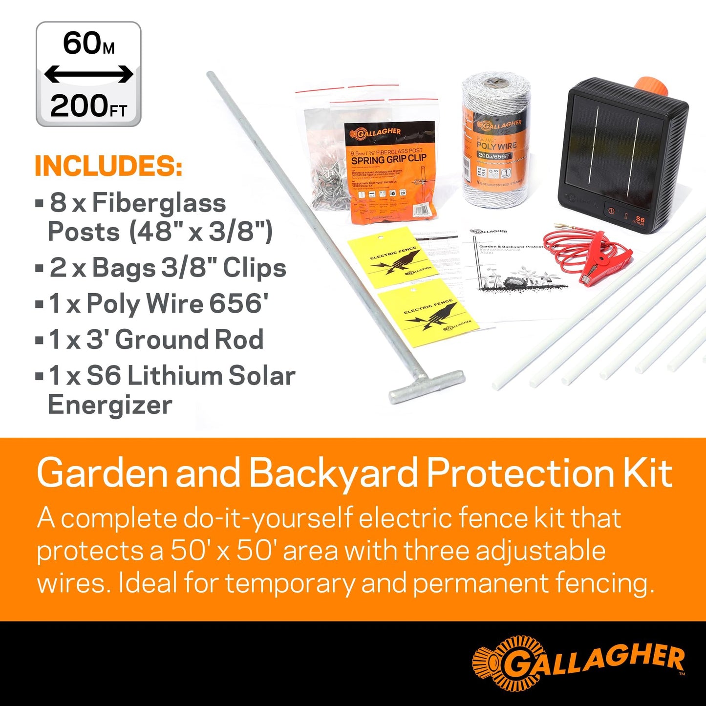 Gallagher Garden & Backyard Pet Protection Kit, Solar Electric Fence Kit, Garden Electrified Fencing Protects Plants, Pets, Livestock, Keeps Wildlife Out, 48in Posts to Deter Deer, 200’ Coverage