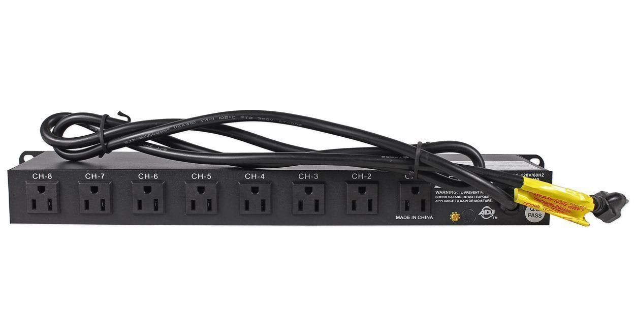 American DJ 8 channel AC power strip with 15 amp breaker and 8 on/off toggle switches. 19 inch rack mountable