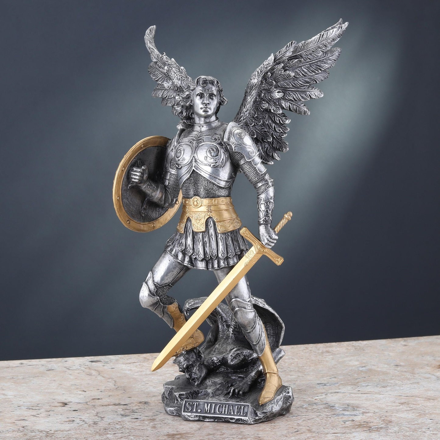 VERONESE 12 3/4 Inch Archangel Saint Michael Cold Cast Resin Statue Pewter Finish Religious Sculpture