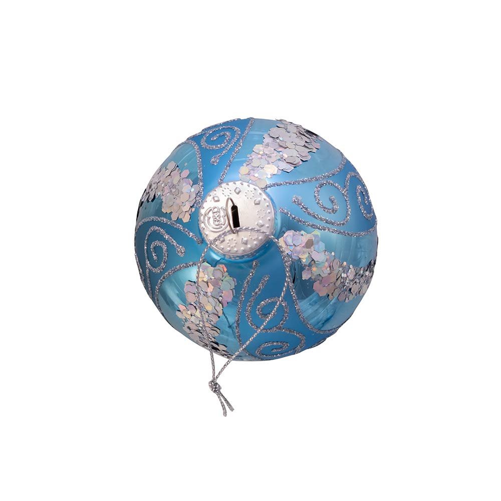 Kurt Adler 80MM Silver Blue with Glitter and Sequins Glass Ball Ornaments, 6 Piece Box
