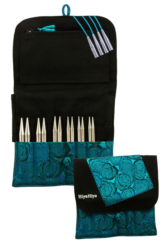 HiyaHiya Knitting Needle Set, Large Tip Sizes (US 9-15), 5 inch Sharp Steel Interchangeable Needles with Brocade Case and Needle Grips