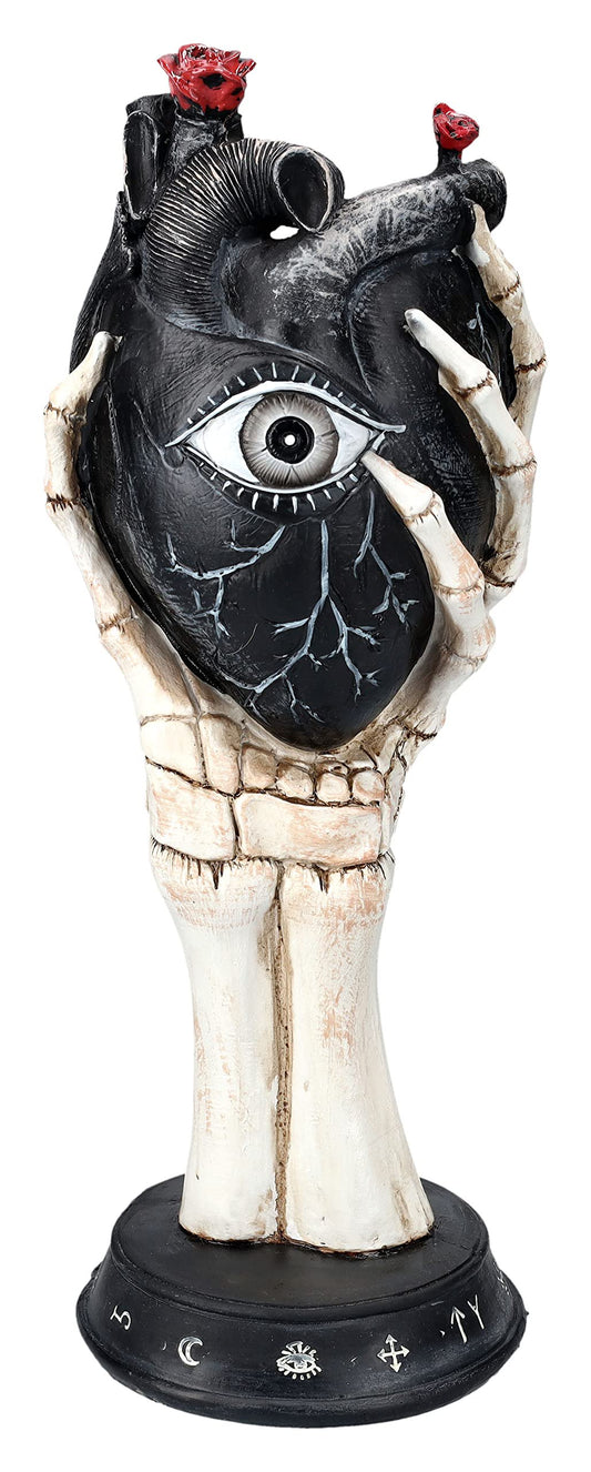 Pacific Giftware Black Rose Bud Heart with Eye Design Held by Skeleton Hand Palmistry Figurine 13” Tall