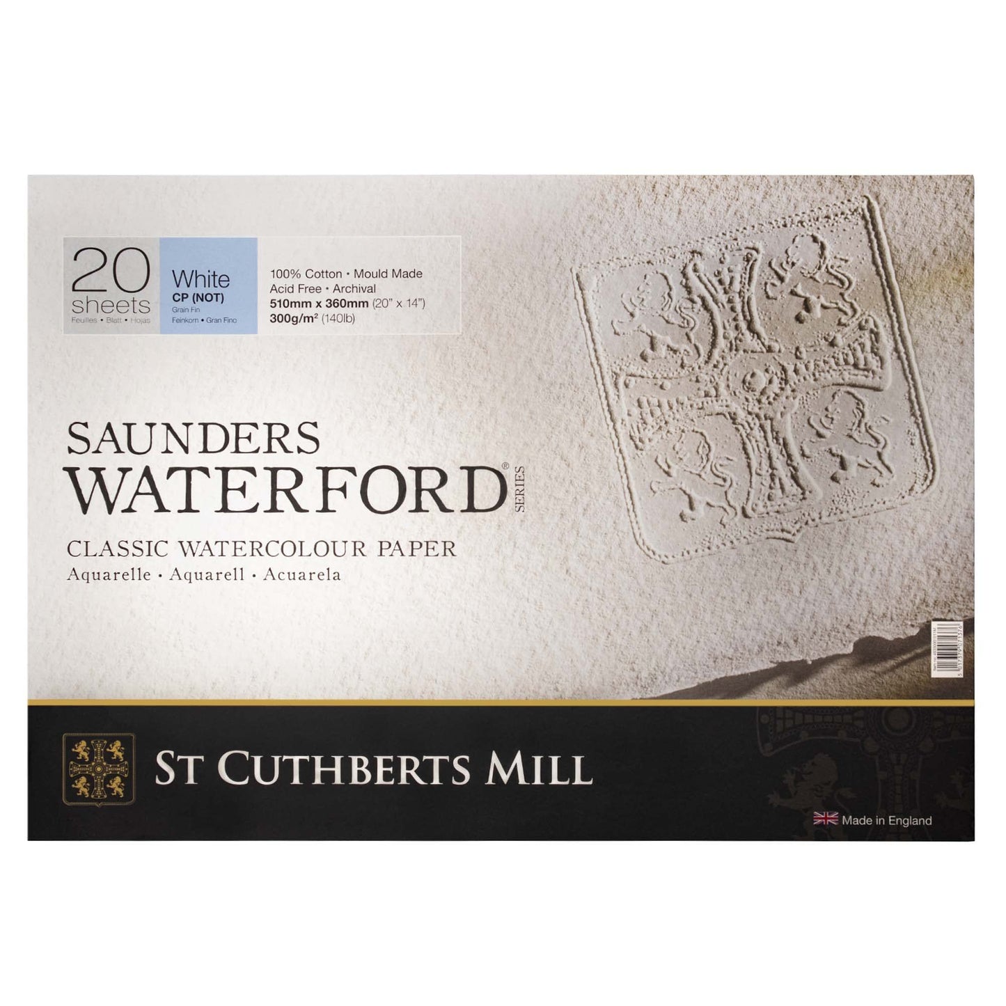 St. Cuthberts Mill Saunders Watercolor Paper Block - 20x14-inch White 100% Cotton - 20 Sheets of 140lb Cold Press for Gouache Ink Acrylic Charcoal and More