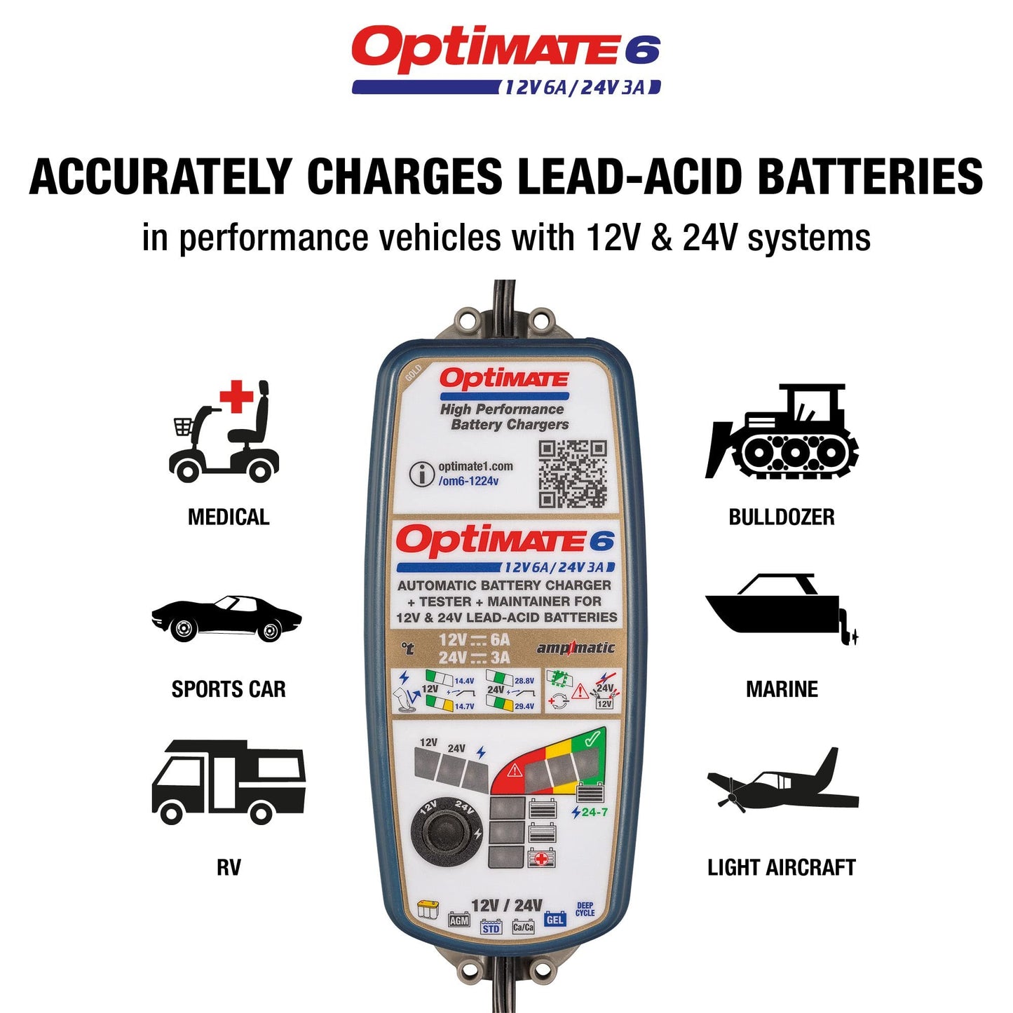 OptiMate 6 12V/24V - 12V 6A / 24V 3A, High Performance battery saving charger & maintainer for Deep Cycle RV, Camping, Industrial & Marine batteries (TM-381)