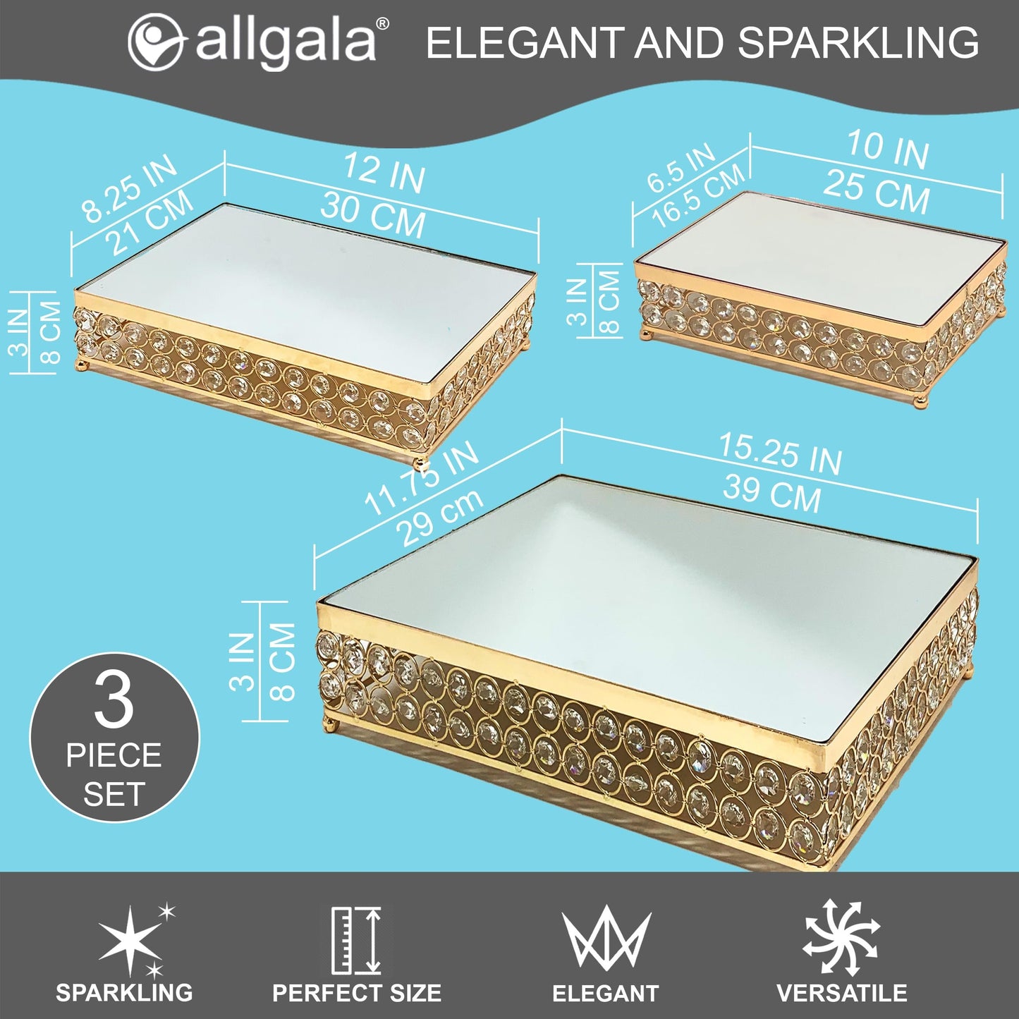 Allgala 3 Piece Set Crystal Gold Plated Dessert Cheese Cupcake Cake Stand with Mirror Plate