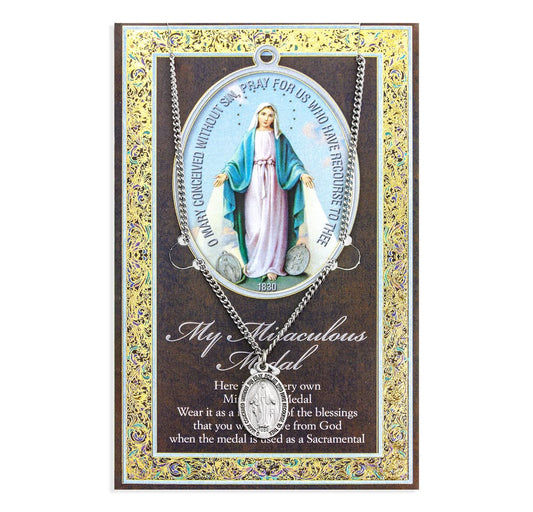 Pewter Mary Miraculous Medal on 18 inch Chain with Info Pamphlet and Prayer
