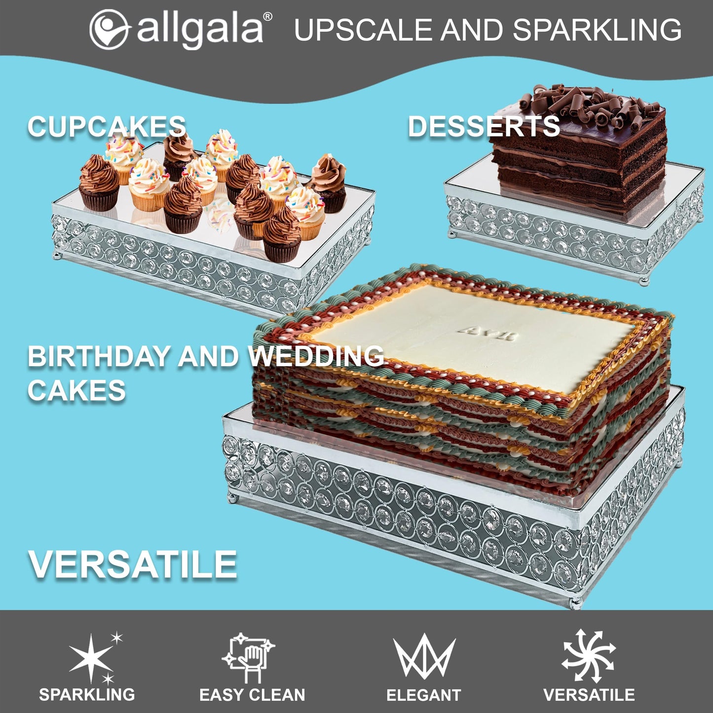 Allgala 3 Piece Set Crystal Gold Plated Dessert Cheese Cupcake Cake Stand with Mirror Plate