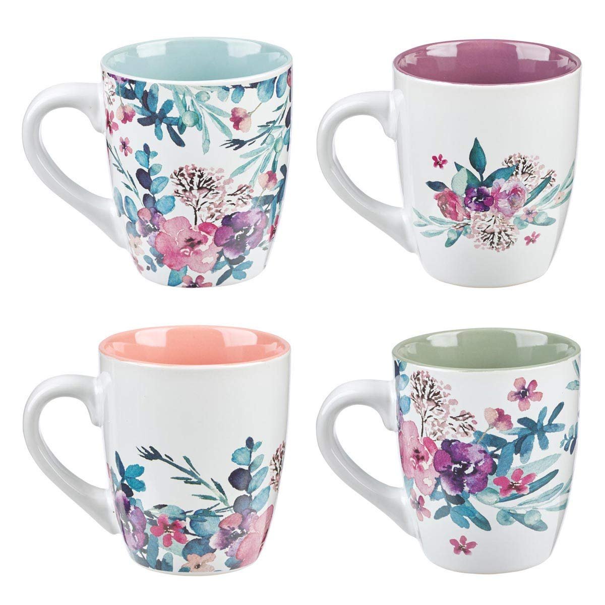 Christian Art Gifts Ceramic Coffee or Tea Mug Set for Women, Rejoice Watercolor Flowers Design Bible Verse Mug Set, Boxed Set of 4 Coffee Cups