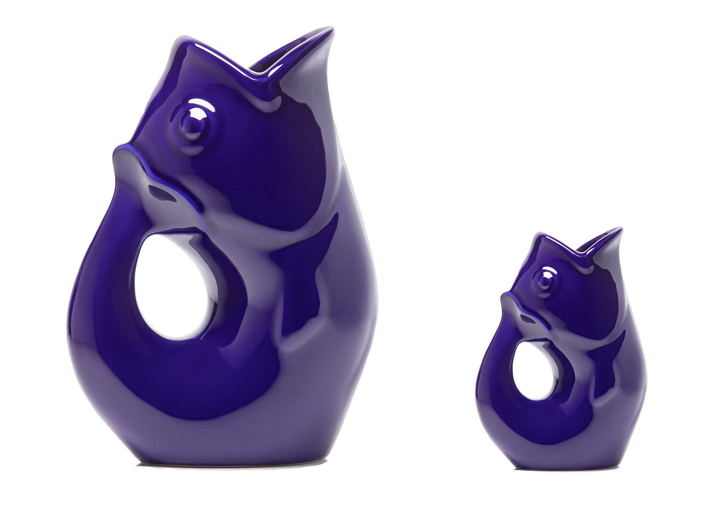 Gurgle Pot Fish Pitcher & Creamer - Set of 2, Cobalt Blue, Large Pitcher 42 oz with Baby 3 oz Gurgle Pot.