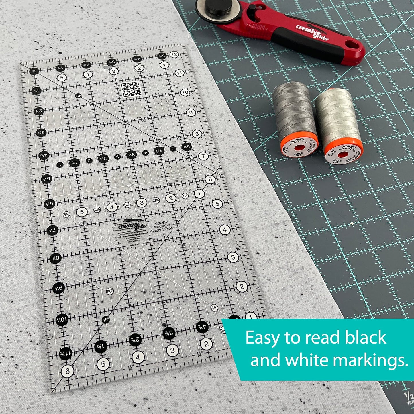 Creative Grids Quilt Ruler 6-1/2in x 12-1/2in Rectangle – CGR612 – Made in USA, Non-Slip Grip Acrylic Quilting, Sewing, Crafting, Patchwork Ruler for Measuring & Cutting Fabric