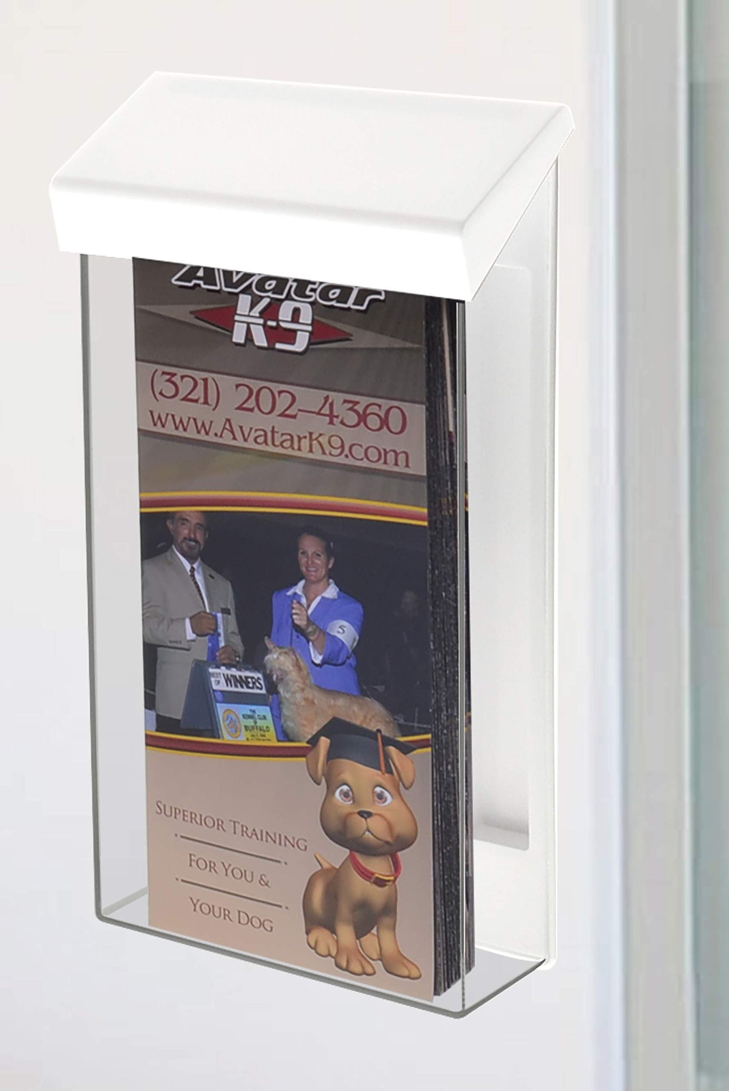 Marketing Holders Outdoor Brochure Holder Box Clear with White Lid Holds 4" x 9" Trifolds Real Estate Sheets Pamphlets Menus for Sign Store Front Display Take One Caddy