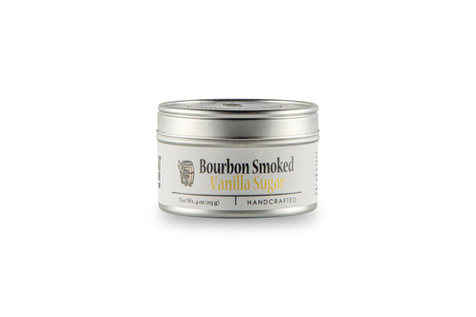 Bourbon Barrel Smoked Vanilla Sugar Tin, 4oz - Slow Smoked Raw Demerara Sugar Packed with Rich Madagascar Vanilla: Use to Finish Baking, Candies, Ice Cream, Coffee, Tea and Cocktails