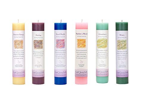 Crystal Journey Herbal Pillar Candle with Inspirational Labels - 6 Pack (Positive Energy, Healing, Good Health, Manifest a Miracle, Abundance, Money) Each 7"x1.5" Handcrafted
