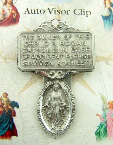 WJH Pewter Miraculous Medal I Am Roman Catholic Call A Priest Auto Visor Clip, 2 1/4 Inch