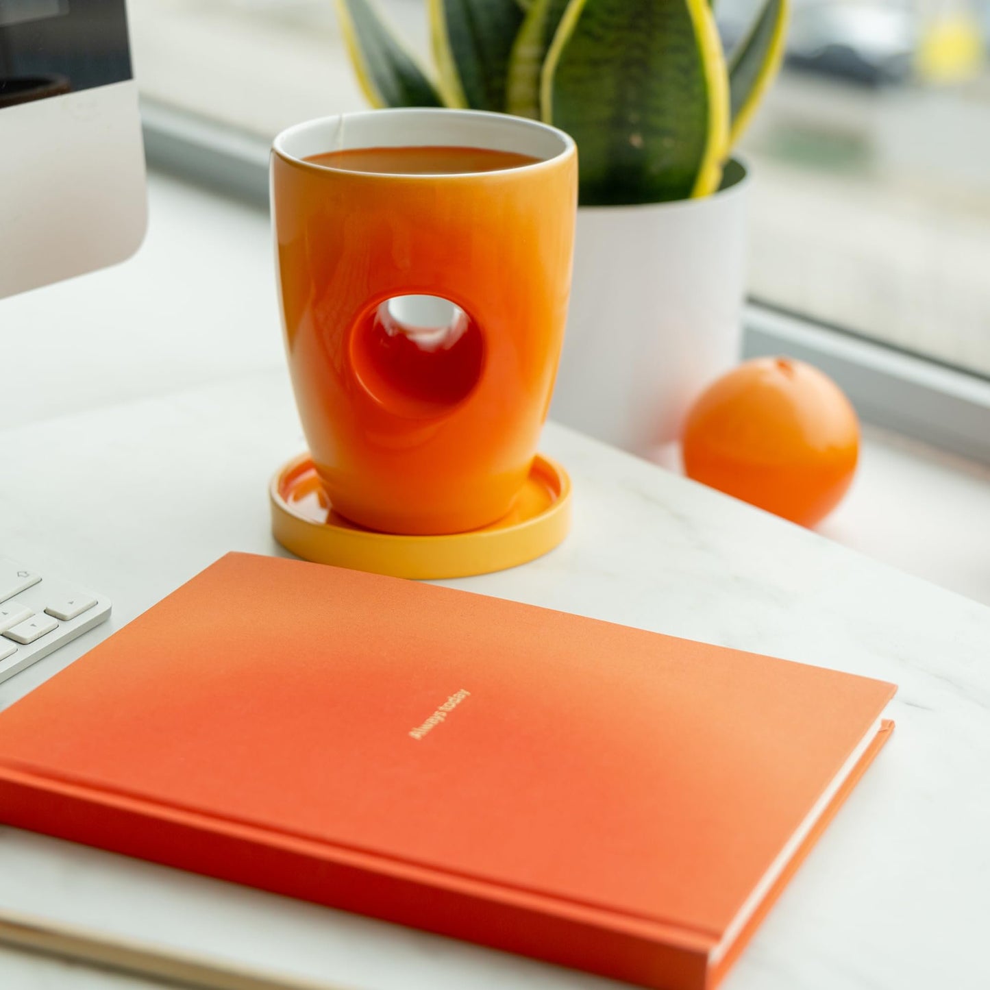 Earth Hand Warmer Mug – Orange Gradient Ceramic Mug with Comfort Grip Hole