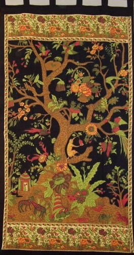 Tree of Life Tab Top Curtain-Drape-Door Panel-Black/Cream by India Arts