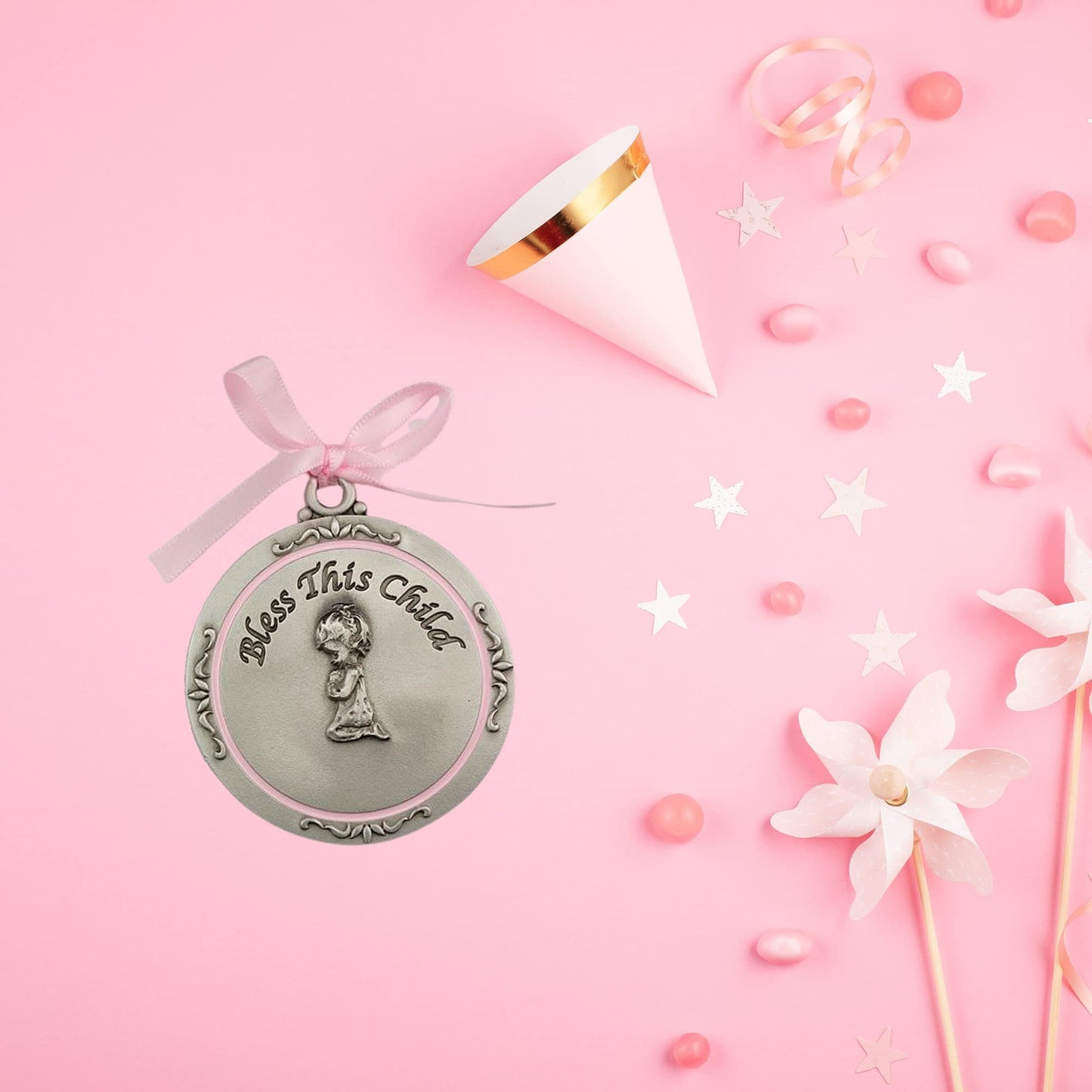 Bless this child crib medal Girl Crib Medal pink ribbon Round 2 3/4 great gift baby shower by "McVan, Inc."